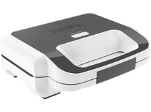 Charger l&#39;image dans la galerie, Un appareil à sandwich Tefal blanc et noir. Il a des boutons marche/arrêt et prêt.
