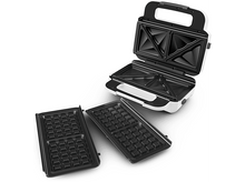 Charger l&#39;image dans la galerie, Un appareil à sandwich blanc et noir avec des plaques interchangeables, sur fond blanc.
