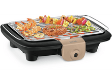 Charger l&#39;image dans la galerie, Gril électrique avec divers aliments cuits. Comprend des crevettes, des légumes et un hamburger.
