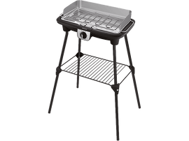 Un grill électrique sur un support. Il a un cadre noir et une surface de grill métallique.