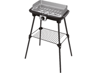 Un grill électrique sur un support. Il a un cadre noir et une surface de grill métallique.