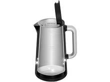 Charger l&#39;image dans la galerie, Une vue en coupe d&#39;une bouilloire électrique noire et argentée. Le couvercle est ouvert.
