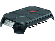 Machine à crêpes noire avec six surfaces de cuisson rondes, marque Tefal.