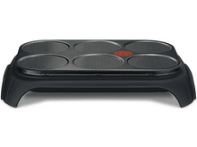 Charger l&#39;image dans la galerie, Crêpière noire avec six surfaces de cuisson circulaires. Base et poignées gris foncé.
