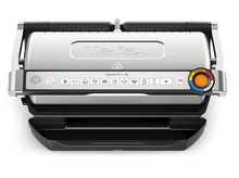 Charger l&#39;image dans la galerie, Tefal OptiGrill XL, un grill électrique argenté et noir, vue de dessus, avec panneau de commande et bac de récupération.
