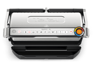 Tefal OptiGrill XL, un grill électrique argenté et noir, vue de dessus, avec panneau de commande et bac de récupération.