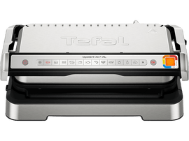 Tefal OptiGrill 4en1 XL, fermé. Argent et noir. Panneau de contrôle avant. Fond noir.