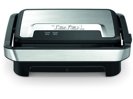 Gril Tefal argent et noir. Forme rectangulaire avec dessus argenté et base noire.