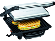 Charger l&#39;image dans la galerie, Presse à sandwich avec deux sandwichs. Pain grillé, fromage et viande visibles.
