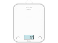 Balance de cuisine numérique Tefal Optiss blanche avec affichage '0.0', sur fond noir.