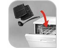 Charger l&#39;image dans la galerie, Pièces de gaufrier et une louche au-dessus d&#39;un lave-vaisselle. Flèche rouge vers le bas.
