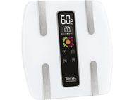 Balance corporelle blanche avec affichage numérique du poids et de la masse grasse. Accents argentés et panneau noir.