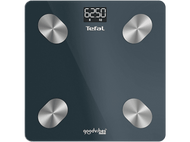 Balance numérique avec surface en verre bleu canard, quatre cercles argentés, logo Tefal.