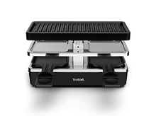 Charger l&#39;image dans la galerie, Grill à raclette noir et argenté avec deux poêlons.
