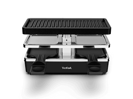 Grill à raclette noir et argenté avec deux poêlons.