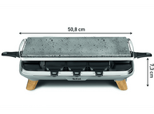 Charger l&#39;image dans la galerie, Gril à raclette avec surface en pierre. Mesures indiquées, détails argentés et bois.
