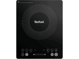 Table de cuisson à induction Tefal noire. Zone de chauffe circulaire. Commandes tactiles avec icônes.