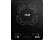 Table de cuisson à induction Tefal noire. Zone de chauffe circulaire. Commandes tactiles avec icônes.