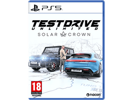 Boîte de jeu PS5 pour Test Drive Unlimited Solar Crown, avec des voitures et une carte.