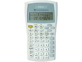 Calculatrice blanche TI-30X IIS affichant une équation mathématique sur son écran.