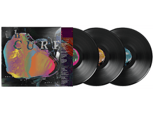 Charger l&#39;image dans la galerie, Pochette d&#39;album et trois disques vinyles noirs. L&#39;album de The Cure, &#39;Mixes of a Lost World&#39;, est visible.
