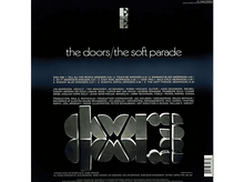 Charger l&#39;image dans la galerie, Album The Doors, verso, liste des titres, membres du groupe, crédits, fond noir.
