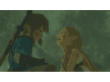 Charger l&#39;image dans la galerie, Deux personnages d&#39;un jeu vidéo, debout dans un environnement vert et pluvieux, se regardant.
