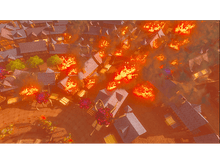 Charger l&#39;image dans la galerie, Vue aérienne d&#39;une ville en feu. Bâtiments engloutis par les flammes et la fumée. Teinte orange dominante.
