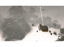 Charger l&#39;image dans la galerie, Un paysage avec des îles flottantes et des nuages. Un faisceau de lumière dorée relie un objet flottant.
