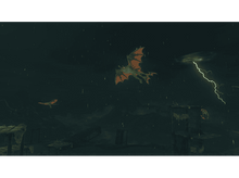 Charger l&#39;image dans la galerie, Une scène fantastique sombre avec des dragons volant pendant une tempête avec des éclairs et une structure en bois.
