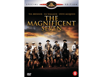 Couverture DVD pour 'Les Sept Mercenaires', montrant sept hommes à cheval, avec du texte et le logo MGM.