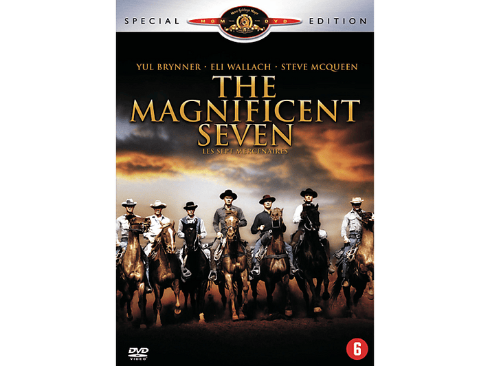 Couverture DVD pour 'Les Sept Mercenaires', montrant sept hommes à cheval, avec du texte et le logo MGM.