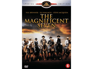 Couverture DVD pour 'Les Sept Mercenaires', montrant sept hommes à cheval, avec du texte et le logo MGM.