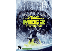 Affiche du film Meg 2. Requin, Jason Statham en jet ski, texte en français.