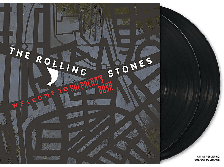 Pochette d'album avec le nom du groupe "Rolling Stones" et "Welcome to Shepherd's Bush" sur fond de carte.