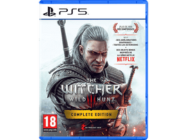 Couverture du jeu PS5 de The Witcher 3. Un homme avec une épée sur la couverture. Boîtier bleu.