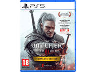 Couverture du jeu PS5 de The Witcher 3. Un homme avec une épée sur la couverture. Boîtier bleu.