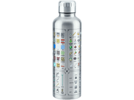 Bouteille d'eau argentée avec des images de personnages Minecraft et des étiquettes.