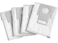 Quatre sacs d'aspirateur blancs avec des attaches en carton gris.