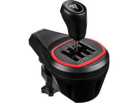 Levier de vitesse Thrustmaster noir et rouge. Comprend un bouton noir et des accents rouges.