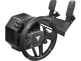 Volant de course et pédalier. Noir et rouge avec le logo Thrustmaster. Pédales noires.