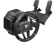 Volant de course et pédalier. Noir et rouge avec le logo Thrustmaster. Pédales noires.