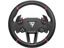Charger l&#39;image dans la galerie, Volant de course noir avec des accents rouges, des boutons et des palettes de changement de vitesse.
