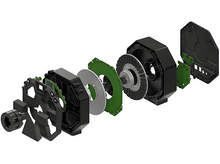 Charger l&#39;image dans la galerie, Vue éclatée d&#39;un dispositif mécanique avec composants noirs et verts, fond blanc.
