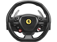 Charger l&#39;image dans la galerie, Volant noir Ferrari avec boutons, palettes et logo Ferrari. Fond noir.
