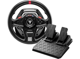 Volant de course noir et gris et ensemble de pédales.