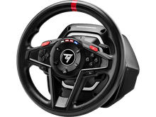 Charger l&#39;image dans la galerie, Volant de jeu noir avec des boutons, des accents rouges et un logo. Il a un moyeu central.
