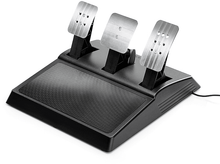 Charger l&#39;image dans la galerie, Ensemble de pédales noires pour jeux de course sur fond blanc. Trois pédales métalliques.
