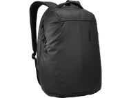 Sac à dos noir avec logo Thule. Il possède un compartiment principal et une poche avant.