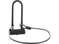 Antivol de vélo en U noir avec câble. Antivol en U et câble noirs. Fond blanc. U-LOCK écrit.